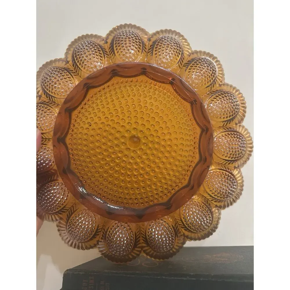 VTG Indiana Glass Hobnail Carnival Amber Iridescent Deviled Egg Plate 11